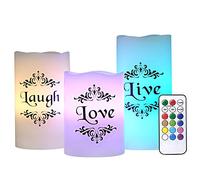 Eldnacele Colour Changing LED Candles with Live Laugh Love Design, 3 Pack