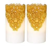Eldnacele Flameless Christmas Gold Candles with 5H Timer, Flickering Real Wax Battery Operated Pillar Candles for Christmas Church Candles Pack Decoration Gold Set of 2