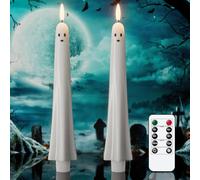 Eldnacele Flameless Flickering Ghost Taper Candles with Remote and Timer, Battery Operated Real Wax White Spooky Ghost Face LED Candles Set of 2 Fireplace Horror Halloween Holiday Decor(D0.79×H9.5)