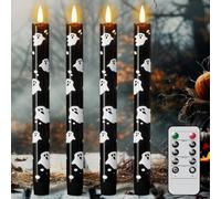 Eldnacele Flameless Flickering Taper Candles with Remote and Timer, Battery Operated Ghost Decal Real Wax Black LED Window Candles Set of 4 Fireplace Spooky Halloween Holiday Decor