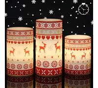 Eldnacele Flameless Red Deer Winter Candles Flickering with Timer, Battery Operated Real Wax Deer Decal Christmas Pillar Candle Lights for Holiday Decor Gift Set of 3