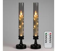 Eldnacele Flameless Taper Candles with Remote Control & Timer, Pack of 2 Black LED Candles with Star Fairy Lights, Battery Operated with Base for Halloween & Wedding Decoration (5.5 x 25 cm)