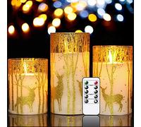 Eldnacele Glass Flameless Candles Flickering with Timer Remote, 3 Pack Gold Reindeer Elk Decal Real Wax Candles Lights Include Realistic Dancing Flames and for Christmas Home Decoration