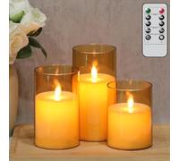 Eldnacele Glass Flamless Flickering Candles with Remote and Timer, Battery Operated Moving Wick Candles Gold Plastic LED Pillar Candle for Dinner Wedding Holiday Decor (3Pcs,D3×H4/5"/6")
