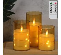 Eldnacele Glass Plastic Flameless Candles String Lights with Remote and Timer, Battery Operated Moving Wick Embedded LED Unbreakable Gold Pillar Candle 3PCS Dinner Wedding Holiday Decor