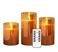 Eldnacele Gold Glass Flameless Candles Flickering with Remote, Moving Wick Battery Operated Realistic Warm Light Candle, Set of 3 (D3'' x H4''/5''/6''), for Party Wedding Festival Tabletop Decoration