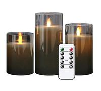 Eldnacele Gray Glass flameless Candles Flickering with Remote, Moving Wick Battery Operated Realistic Warm Light Candle, Set of 3 (D3'' x H4''/5''/6''), for Party Wedding Festival Tabletop Decoration