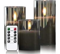 Eldnacele Gray Glass LED Candles with Remote, Battery Operated Flickering Flameless Candles with Timer, 3 Pack Fake Candles for Home Decor((D3'' x H4'' 5'' 6'')