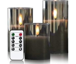 Eldnacele Gray Glass LED Candles with Remote, Battery Operated Flickering Flameless Candles with Timer, 3 Pack Fake Candles for Home Decor((D3'' x H4'' 5'' 6'')