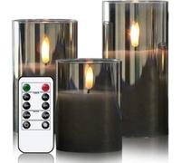 Eldnacele Gray Glass Led Candles With Remote, Battery Operated Flickering Flameless Timer, 3 Pack Fake For Home Decor((D 3 X H