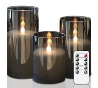 Eldnacele Grey Glass Flameless Candles with Remote and Timer, Battery Operated Real Wax Flickering LED Pillar Candles Set of 3 for Wedding Dinner Home Indoor Holiday Decor (D3”×H4”/5”/6”)