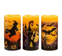 Eldnacele Halloween Flameless Pillar Candles with 6H Timer, Battery Operated Real Wax LED Candles with Bats, Castle, Witch Pattern for Horror Spooky Halloween Decoration Gift Pack of 3