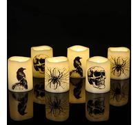 Eldnacele Halloween Flameless Votive Candles with Skull, Spider Web, Crow Raven Decals, Battery Operated Flickering LED Tealight Candles for Halloween Home Decoration Gifts(Set of 6, 1.5” x 2”)