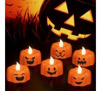 Eldnacele Halloween Pumpkin LED Tea Lights with 6H Timer, 6 Pcs Flamelsee Tealights Candles Battery Operated, Ghost Face LED Candles for Halloween Decorations