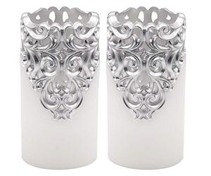 Eldnacele Hollow Vintage Silver Flickering Flameless Candles with 5H Timer, Battery Operated Real Wax Pillar Candle for Wedding Party Home Christmas Decoration, Set of 2
