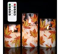 Eldnacele Maple Leaf Glass LED Candles Flickering with Remote, Battery Operated Flameless Candles Flickering for Home Decor Autumn Decorations(3 x 4,5,6 Inches)