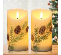 Eldnacele Pinecone LED Candles Battery Operated with 6 Hour Timer, Real Wax Hand-Painted Flameless Pillar Candles with Flickering Flame for Christmas Decorations(2 Pack, 3" D x 6.5" H)