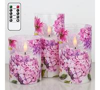 Eldnacele Pink Hydrangea Glass LED Candles Flickering with Remote, Flameless Battery Candles Flickering for Home Wedding Decoration(3 x 4,5,6 Inches)