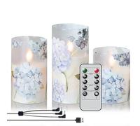 Eldnacele Rechargeable Hydrangea Glass LED Candles Flickering with Remote Timer, Battery Operated Flameless Candles for Home Wedding Christmas Decoration Gift(3 x 4,5,6 Inches)
