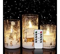 Eldnacele Snowman Glass Flameless Candles with Remote Timer Battery Operated Flickering LED Pillar Candles 3 Pack Warm White Light Christmas Decal Candles Set of 3 (D3” x H 4” 5” 6”) - Snowman