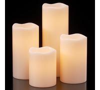 Eldnacele Waterproof Flameless Flickering Candles with 6 Hours Timer, Indoor Outdoor White LED Plastic Battery Operated Pillar Candles Pack of 4 for Wedding Festival White, D3”x H4” 5” 6” 8”