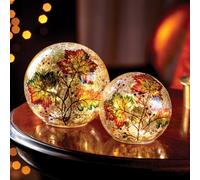 Eldo Set Of 2 Led Globe Lights - Autumn Leaves Design - Crackle Glass - Hand Painted - Battery Operated Warm Glow