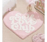 ELDONE Self Love Club Rug Heart Shaped - Cute Bath Mat Non Slip, Funky Aesthetic Groovy Small Accent Rugs for Bedroom Bathroom, Girls Preppy Room Decor, Pink and White Heart Rug 28"x23"