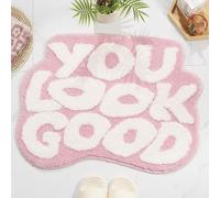 ELDONE You Look Good Bath Mat - Cute Light Pink Bathroom Rugs Non Slip Washable, Blue Bathroom Decor, Bedroom Decor Aesthetic, Funny Funky Trendy Pink and White Bathroom Mats 31" x 24"