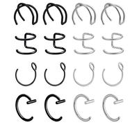 Eldraqth Fake Nose Piercing, 16 Pcs T Shaped Stainless Steel Fake Lip Ring 8mm False Lip Piercing Clip on Non Piercings Double Cartilage Helix Earrings Ear Cuff for Women Men (Silver, Black)