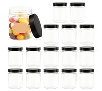 Eldvinur 16 Pack 210ml Plastic Jars with Black Lids and Stickers Refillable PET Round Craft Storage Jars Small Clear Grain Storage Container for Spice Cereal Grain Jam Food Snacks Sweet Liquid