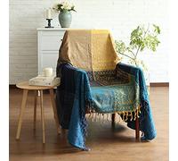 ele ELEOPTION Chenille Throw Blanket, Jacquard Tassels Throw Blanket Sofa Chair Cover Decorative for Bed Couch Soft Chair, Folk Tribal Pattern (Blue, 150 x 190 CM)