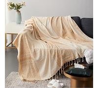 ele ELEOPTION Chenille Throw Blanket, Jacquard Tassels Throw Blanket Sofa Chair Cover Decorative for Bed Couch Soft Chair, Folk Tribal Pattern (Off-white, 220 x 250 CM)