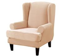 ele ELEOPTION Wingback Chair Cover 2 Piece Set - 2 IN 1 Design Removable High Stretch Soft Velvet Wing Back Chair Covers Armchair Slipcover Protector for Living Room Bedroom Hotel (Beige, Velvet)