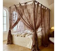 Ele Lace Princess Bed Canopy, 4 Corner Post Mosquito Net with 3 Openings for Full Size Beds, Romantic Bedroom Curtain Det, Bei White