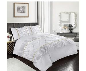 Eleanor Lux Pin Tuck Duvet Cover Set White Super King Gold Laced
