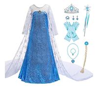 Eleasica Costume for Kids Princess Elsa Fancy Dress Girl Long-sleeve Sequin Long Train 3-8 Years Snowflake Print Dress Up Cosplay Christmas Carnival Necklace Ring Magic Wand,Blue,130