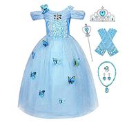 Eleasica Girl Cinderella Costume Fancy Dress Princess Elsa Removable Butterflies Birthday Party Christmas Pageant Dress Up for Kids Tiara Necklace Ring Earrings Tutu,Blue,140