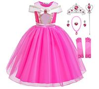 Eleasica Princess Aurora Girl Costume Sleeping Beauty Kids Fancy Dress Sets for Princess with Accessories Crown Earrings Magic Wand Necklace Pull on Pageant Christmas Carnival Birthday,Pink,130