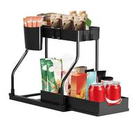Elecbee R-shaped Under Sink Storage Kitchen Organiser, 2 Tier Pull- Out Cabinet Drawer Cupboard Shelf with 4 Hooks and 1 Hanging Cup, Utility Room Storage Solutions for Kitchen, Bathroom, Office