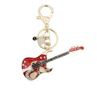Elechobby Bass Guitar Keychain with Microphone Charm, Red and Gold Musical Instrument Key Ring