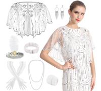 ELECLAND 10 Pieces 1920s Flapper Accessories Set Fashion Roaring 20's Theme Set with Headband Headpiece Long Black Gloves Necklace Earrings for Women (White)