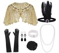ELECLAND 10 Pieces 1920s Flapper Accessories Set Fashion Roaring 20's Theme Set with Headband Headpiece Long Black Gloves Necklace Earrings for Women(Black Gold)