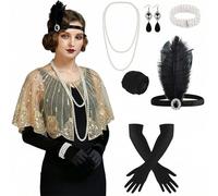 ELECLAND 10 Pieces 1920s Flapper Gatsby Accessories Set Fashion Roaring 20's Theme Set with Headband Headpiece for Women (Apricot Gold, Style 2)
