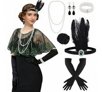 ELECLAND 10 Pieces 1920s Flapper Gatsby Accessories Set Fashion Roaring 20's Theme Set with Headband Headpiece for Women (Black Green, Style 2)