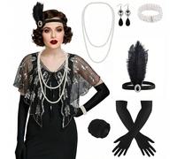 ELECLAND 10 Pieces 1920s Flapper Gatsby Accessories Set Fashion Roaring 20's Theme Set with Headband Headpiece for Women (Black Sliver, Style 3)