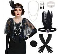 ELECLAND 10 Pieces 1920s Flapper Gatsby Accessories Set Fashion Roaring 20s Theme Set with Headband Headwear for Women (Black Blue, Style 3)