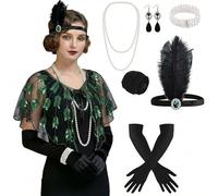 ELECLAND 10 Pieces 1920s Flapper Gatsby Accessories Set Fashion Roaring 20's Theme Set with Headband Headpiece for Women (Black Green, Style 3)