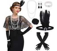 ELECLAND 10 Pieces 1920s Flapper Great Gatsby Accessories Set Fashion Roaring 20's Theme Set with Headband Headpiece Long Black Gloves Necklace Earrings for Women (Black Gold, Style 2)