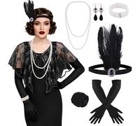ELECLAND 10 Pieces 1920s Flapper Great Gatsby Accessories Set Fashion Roaring 20's Theme Set with Headband Headpiece Long Black Gloves Necklace Earrings for Women (Black, Style 3)