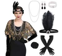 ELECLAND 10 Pieces 1920s Flapper Great Gatsby Accessories Set Fashion Roaring 20's Theme Set with Headband Headpiece Long Black Gloves Necklace Earrings for Women (Black Gold (Style 8))